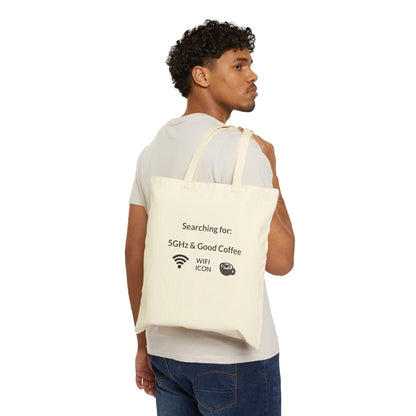 Searching 5GHz & Good Coffee Cotton Canvas Tote Bag | Tech Coffee Lover